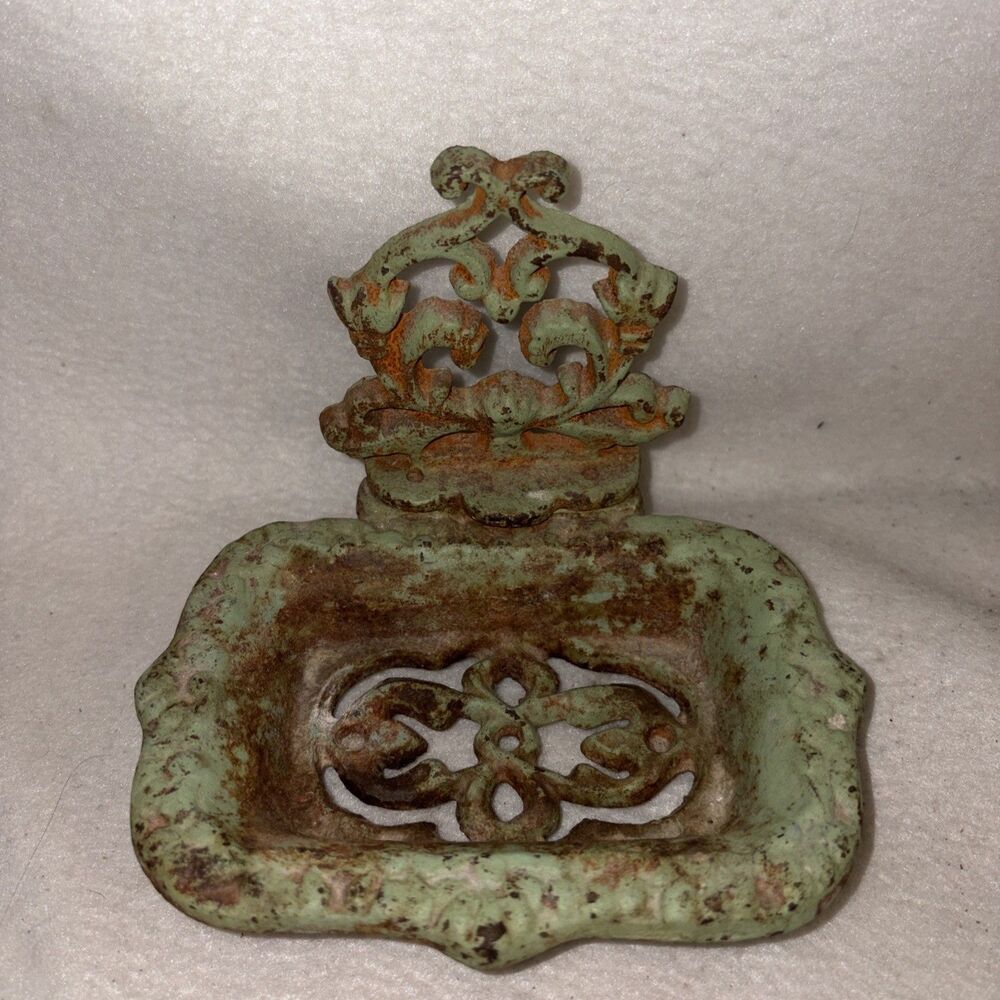Cast Iron Rustic Soap Holder Dish Farmhouse Card Holder Vintage Green Tint
